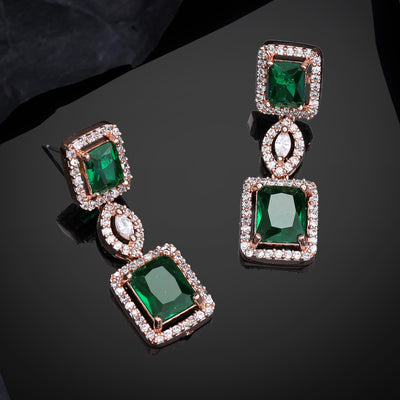 Estele Rose Gold Plated CZ Shimmering Square Designer Earrings with Green Stones for Women