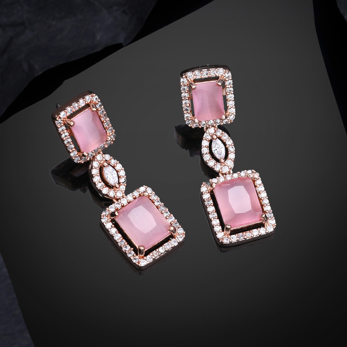 Estele Rose Gold Plated CZ Shimmering Square Designer Earrings with Mint Pink Stones for Women