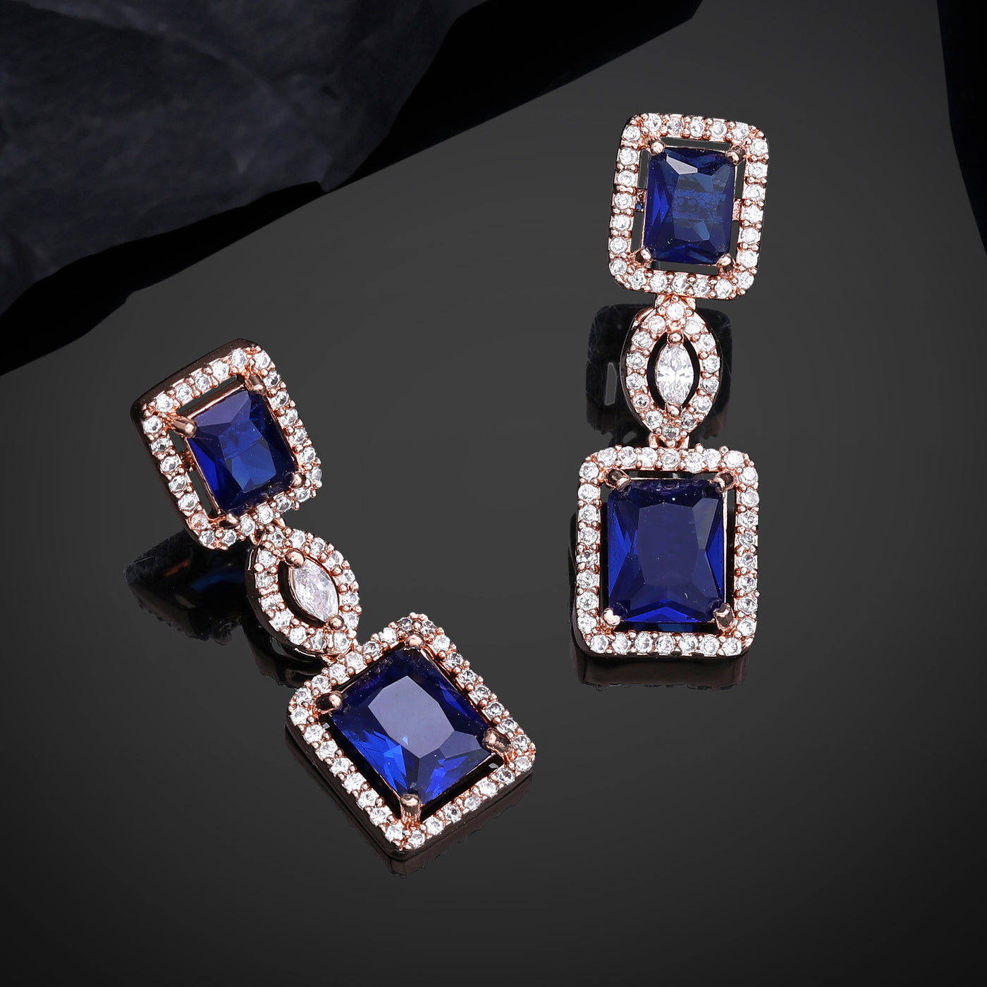 Estele Rose Gold Plated CZ Shimmering Square Designer Earrings with Blue Stones for Women