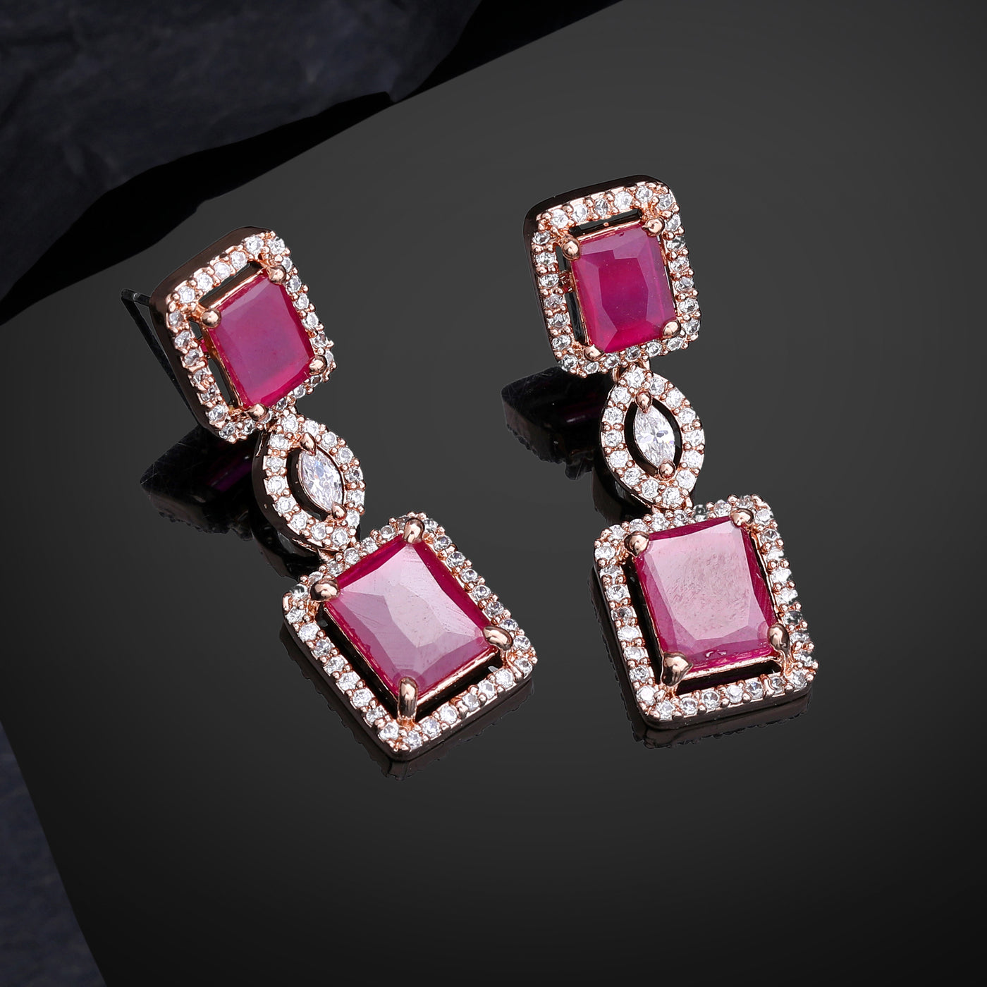 Estele Rose Gold Plated CZ Shimmering Square Designer Earrings with Ruby Stones for Women