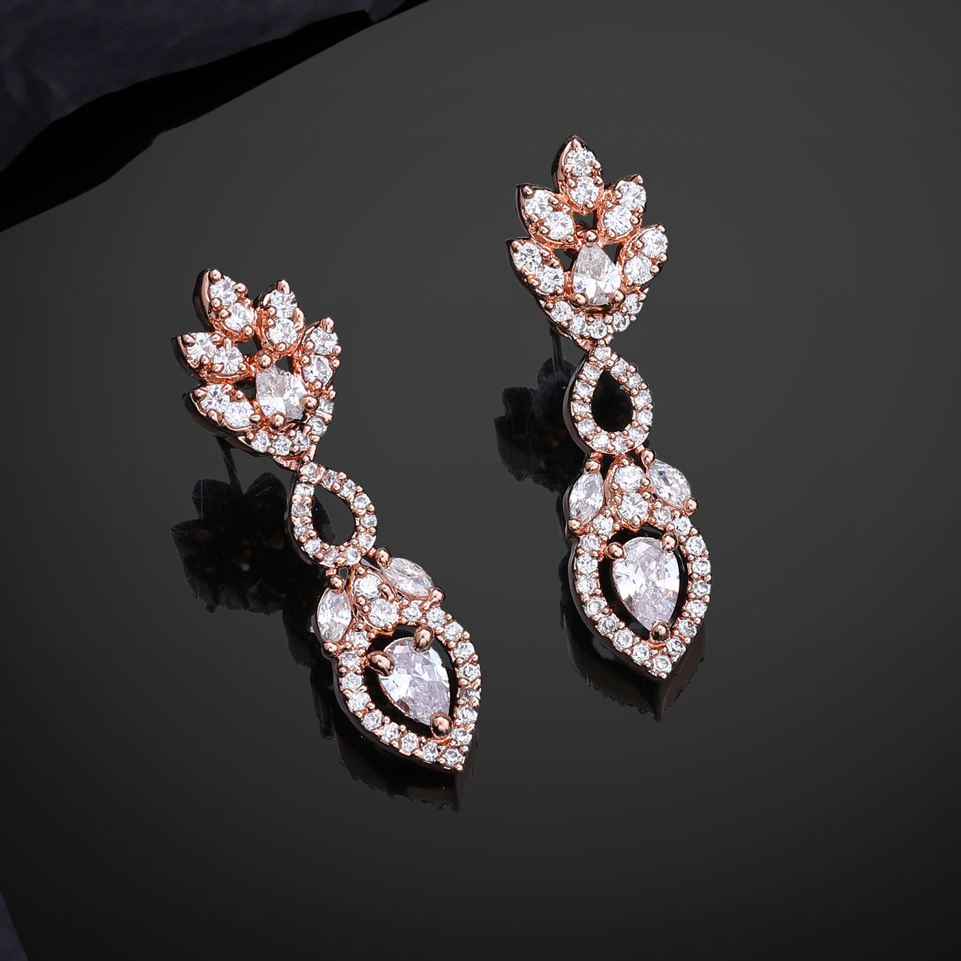 Estele Rose Gold Plated CZ Elegant Drop Earrings with White Stones for Women