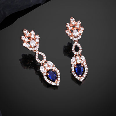 Estele Rose Gold Plated CZ Elegant Drop Earrings with Blue Stones for Women