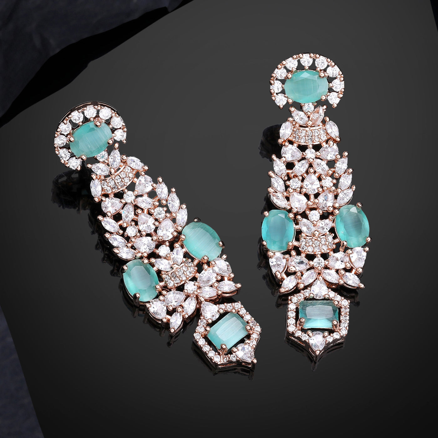 Estele Rose Gold Plated CZ Astonishing Earrings with Mint Green Stones for Women