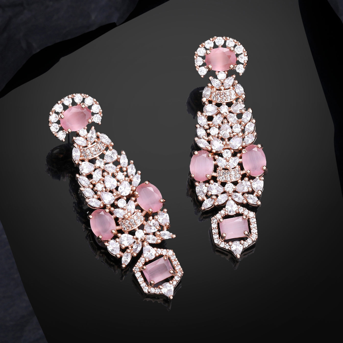 Estele Rose Gold Plated CZ Astonishing Earrings with Mint Pink Stones for Women