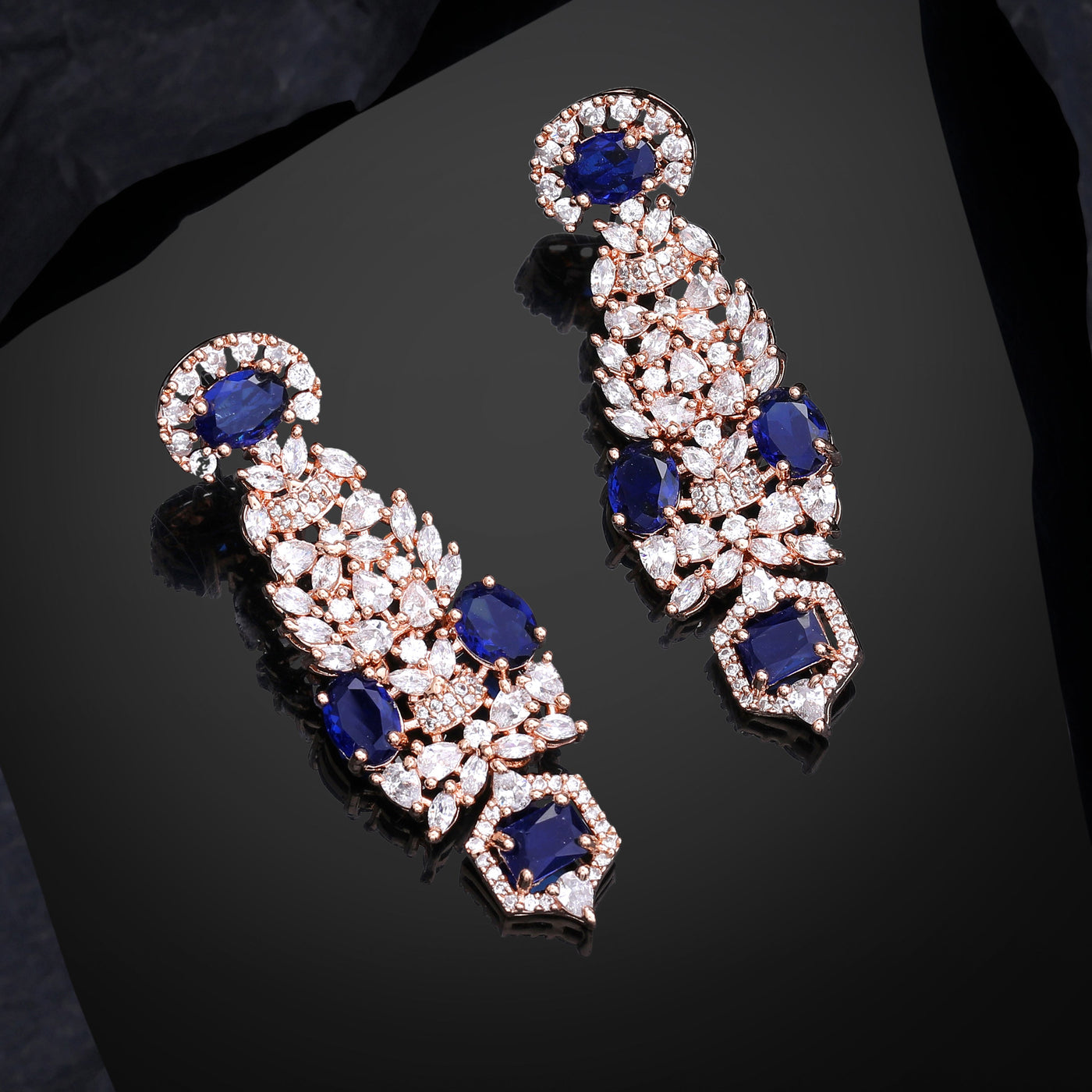 Estele Rose Gold Plated CZ Astonishing Earrings with Blue Stones for Women