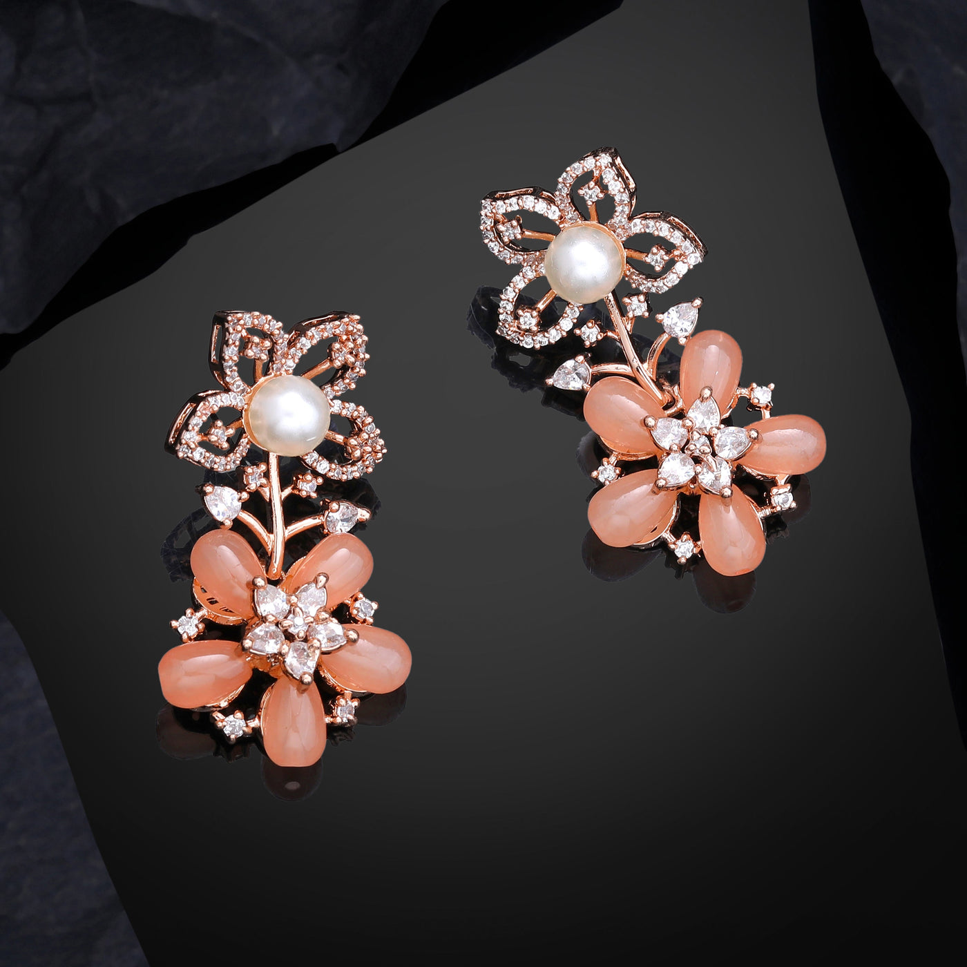 Estele Rose Gold Plated CZ Dazzling Daisy Earrings with Mint Orange Stones for Women