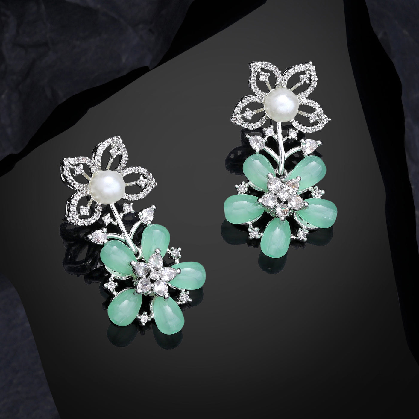 Estele Rhodium Plated CZ Dazzling Daisy Earrings with Mint Green Stones for Women