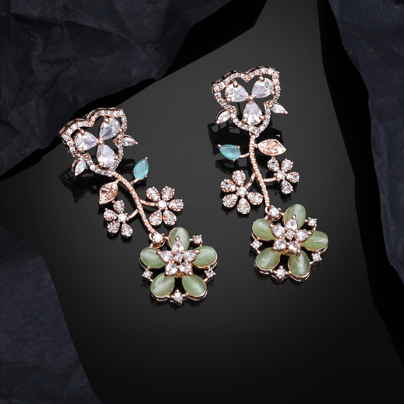 Estele Rose Gold Plated CZ Exquisite Floral Earrings with Mint Green Stones for Women