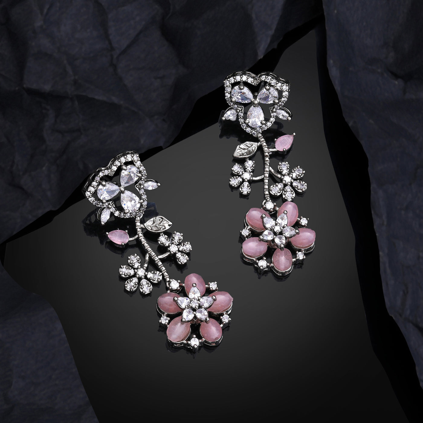 Estele Victorian Plated CZ Exquisite Floral Earrings with Mint Pink Stones for Women