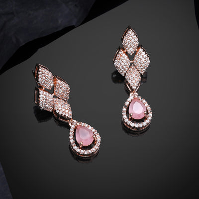 Estele Rose Gold Plated CZ Splendid Drop Earrings with Mint Pink Stones for Women