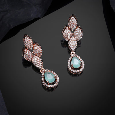 Estele Rose Gold Plated CZ Splendid Drop Earrings with Mint Green Stones for Women