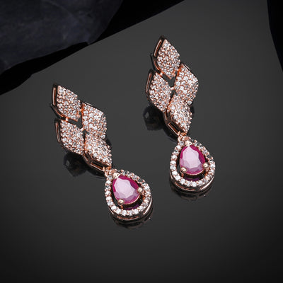 Estele Rose Gold Plated CZ Splendid Drop Earrings with Ruby Stones for Women