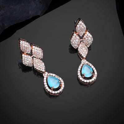 Estele Rose Gold Plated CZ Splendid Drop Earrings with Mint Blue Stones for Women