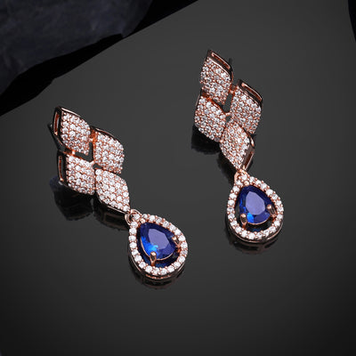 Estele Rose Gold Plated CZ Splendid Drop Earrings with Blue Stones for Women