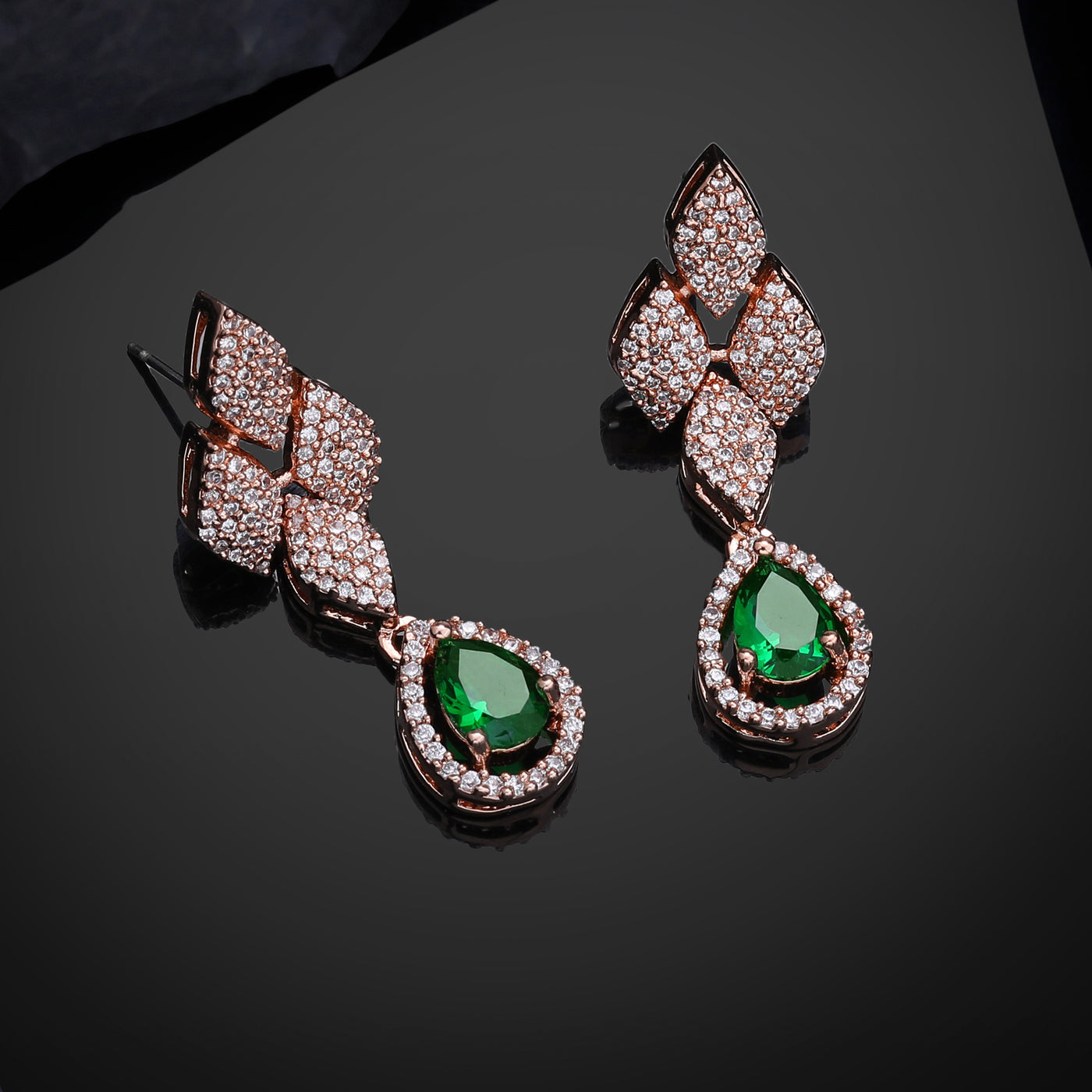 Estele Rose Gold Plated CZ Splendid Drop Earrings with Green Stones for Women