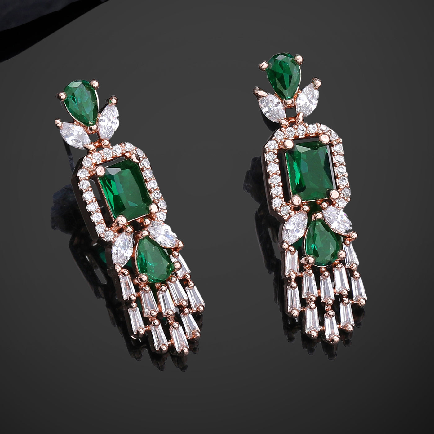 Estele Rose Gold Plated CZ Ablaze Drop Earrings with Green Stones for Women