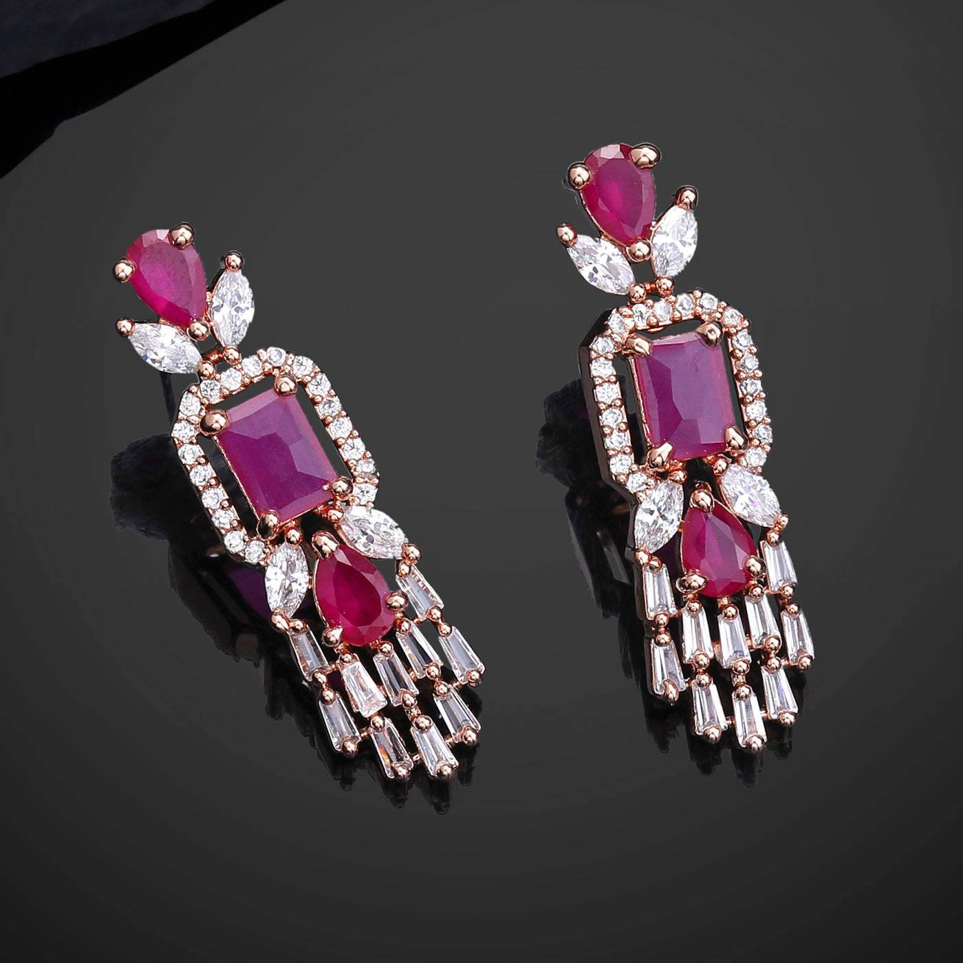 Estele Rose Gold Plated CZ Ablaze Drop Earrings with Ruby Stones for Women