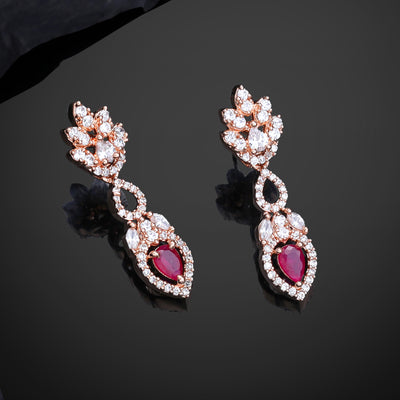 Estele Rose Gold Plated CZ Elegant Drop Earrings with Ruby Stones for Women