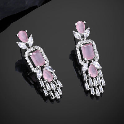 Estele Rhodium Plated CZ Ablaze Drop Earrings with Mint Pink Stones for Women