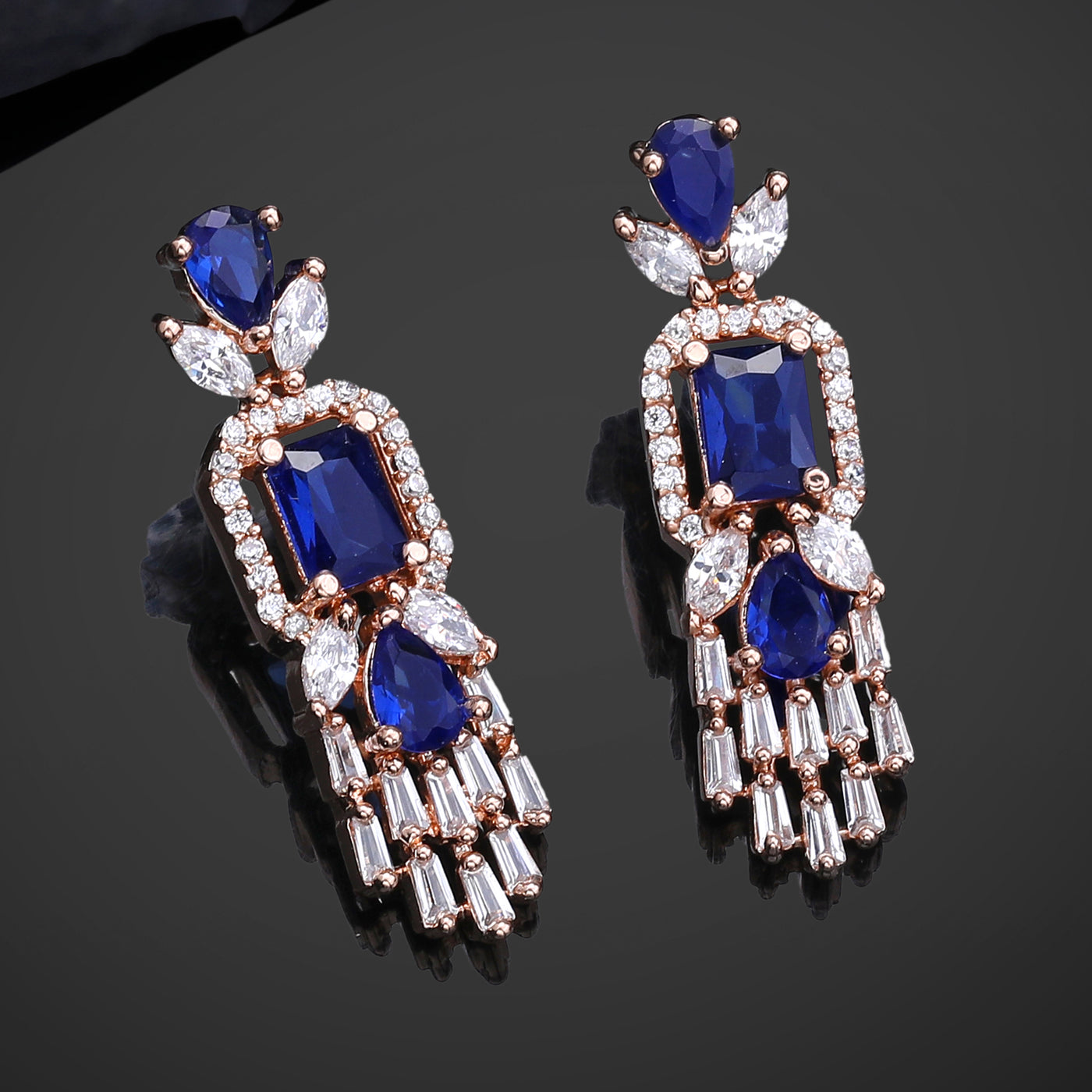 Estele Rose Gold Plated CZ Ablaze Drop Earrings with Blue Stones for Women