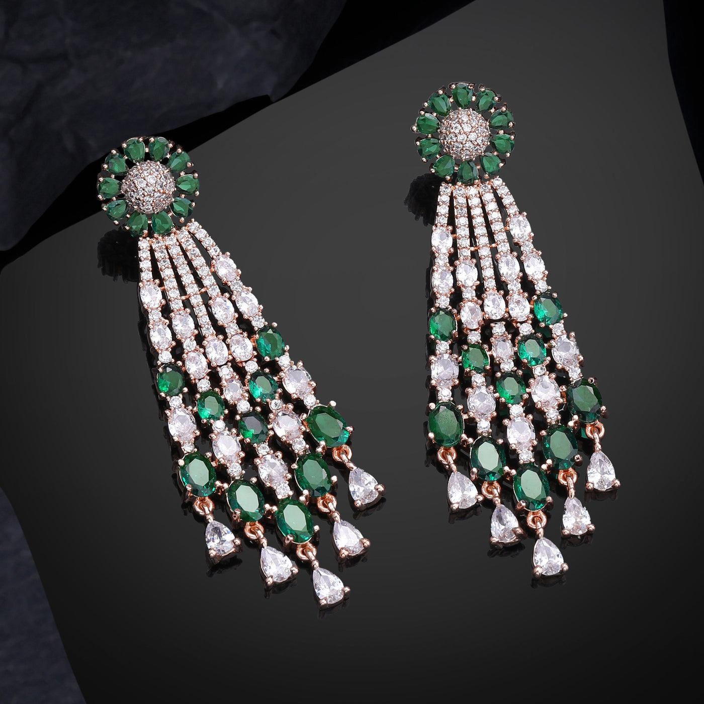 Estele Rose Gold Plated CZ Shimmering Earrings with Green Stones for Women