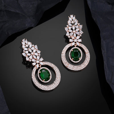 Estele Rose Gold Plated CZ Glamorous Drop Earrings with Green Stones for Women