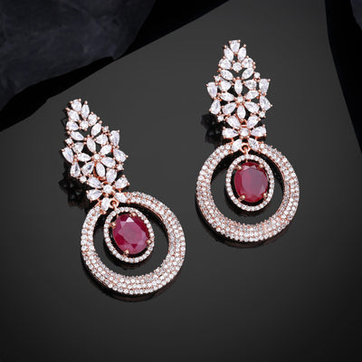 Estele Rose Gold Plated CZ Glamorous Drop Earrings with Ruby Stones for Women