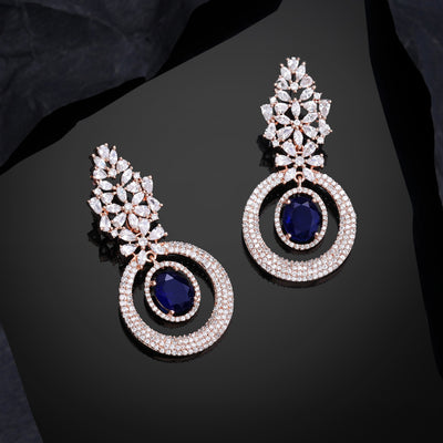 Estele Rose Gold Plated CZ Glamorous Drop Earrings with Blue Stones for Women