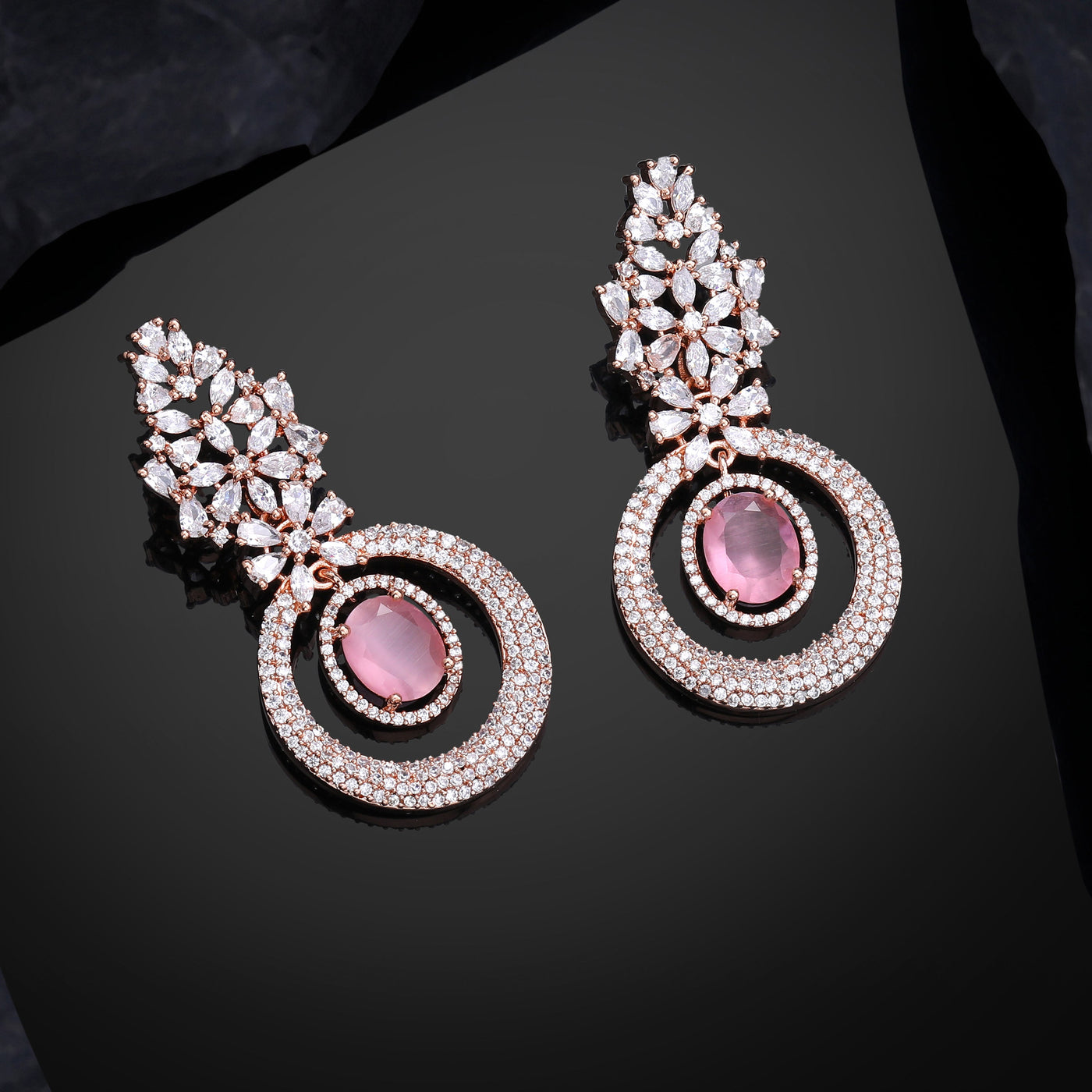 Estele Rose Gold Plated CZ Glamorous Drop Earrings with Mint Pink Stones for Women