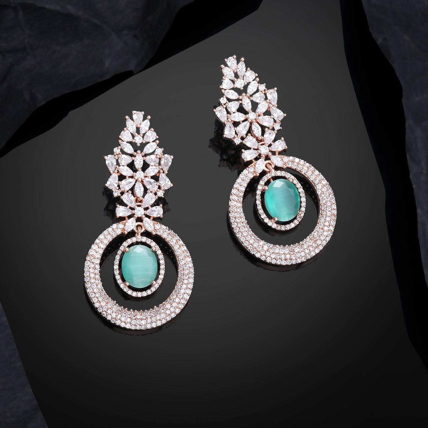 Estele Rose Gold Plated CZ Glamorous Drop Earrings with Mint Green Stones for Women