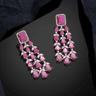 Estele Rose Gold Plated CZ Ravishing Earrings with Ruby Stones for Women