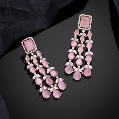 Estele Rose Gold Plated CZ Ravishing Earrings with Mint Pink Stones for Women