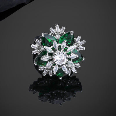 Estele Rhodium Plated CZ Captivating Floral Finger Ring with Green Stones for Women(Adjustable)