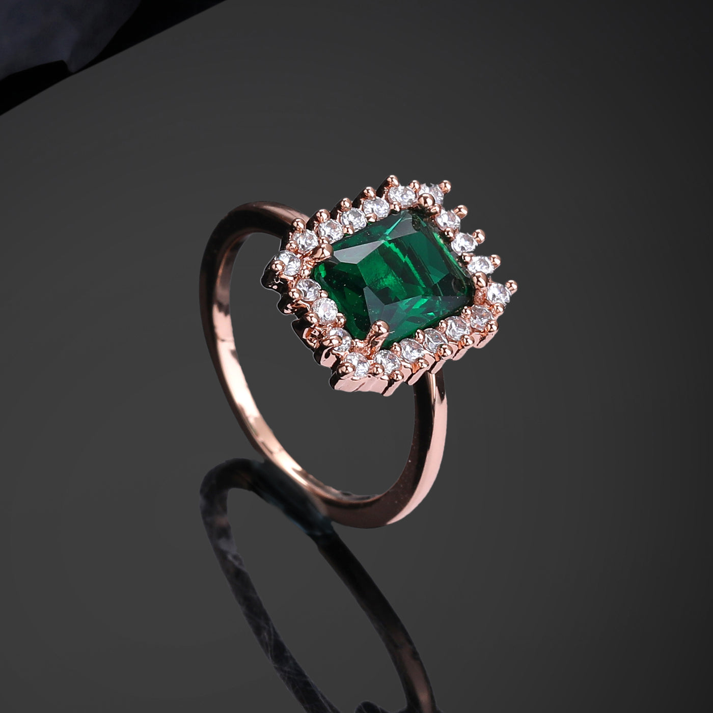 Estele Rose Gold Plated CZ Square Designer Finger Ring With Green Stones for Women(Adjustable)