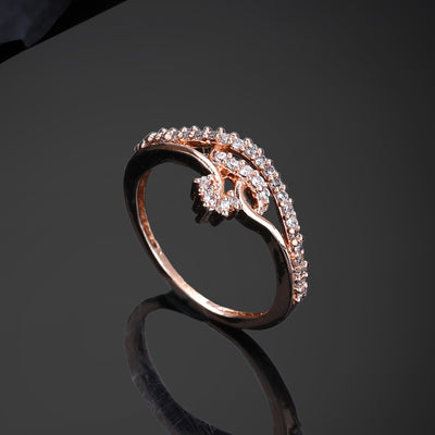 Estele Rose Gold Plated CZ Floral Designer Finger Ring for Women