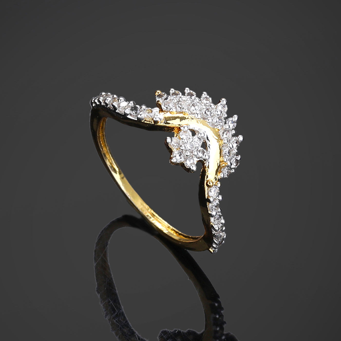 Estele Gold & Rhodium Plated CZ Floral Designer Finger Ring for Women