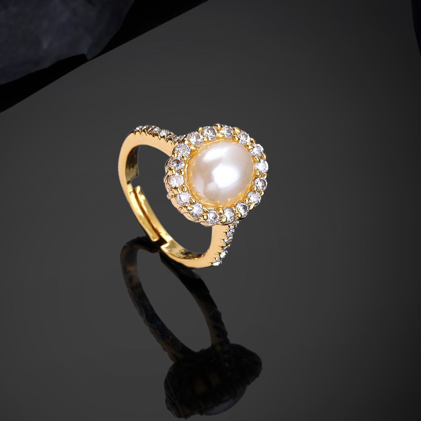 Estele white big pearl ring with american diamonds studded for women (Adjustable)