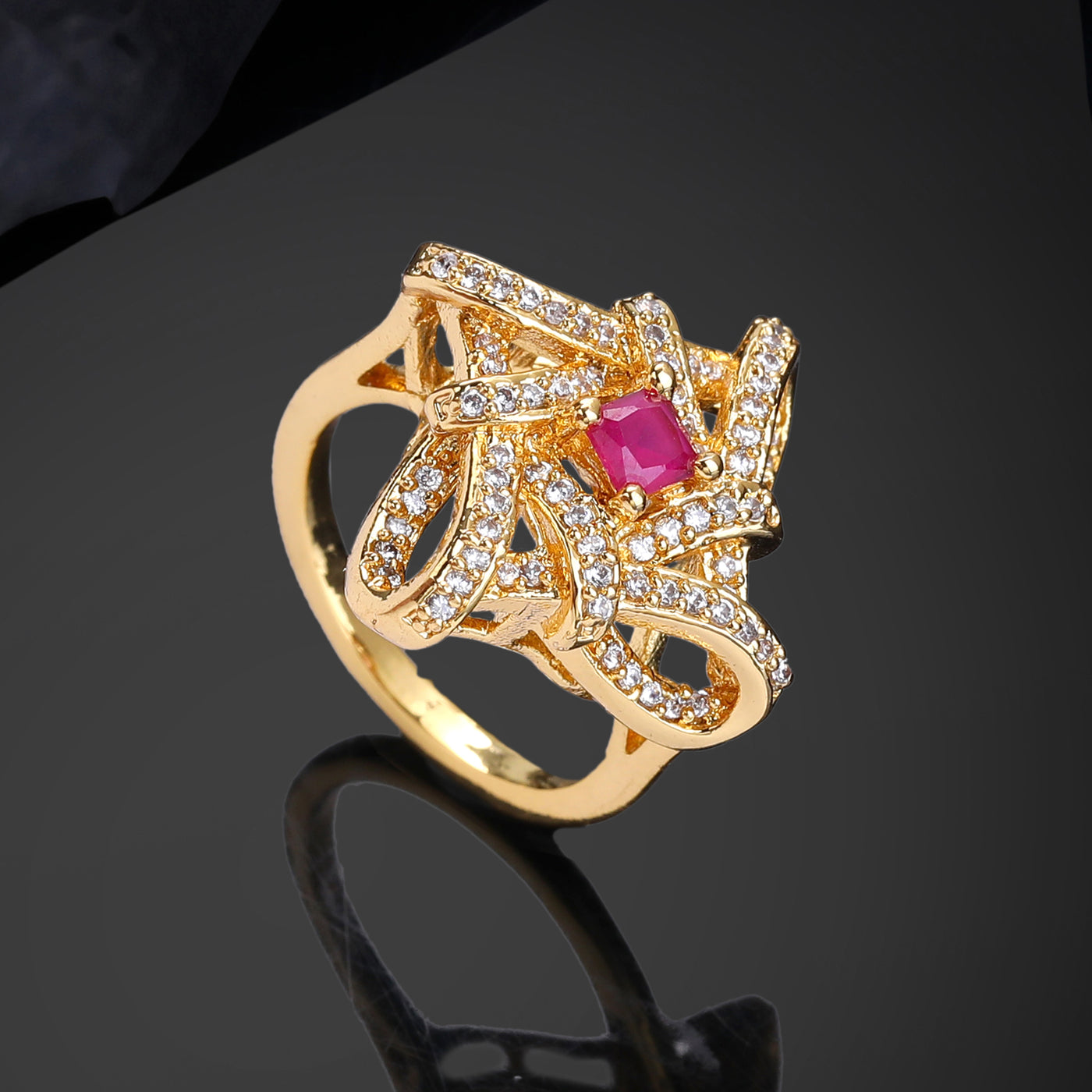 Estele Gold Plated CZ Stylish Floral Designer Finger Ring for Women