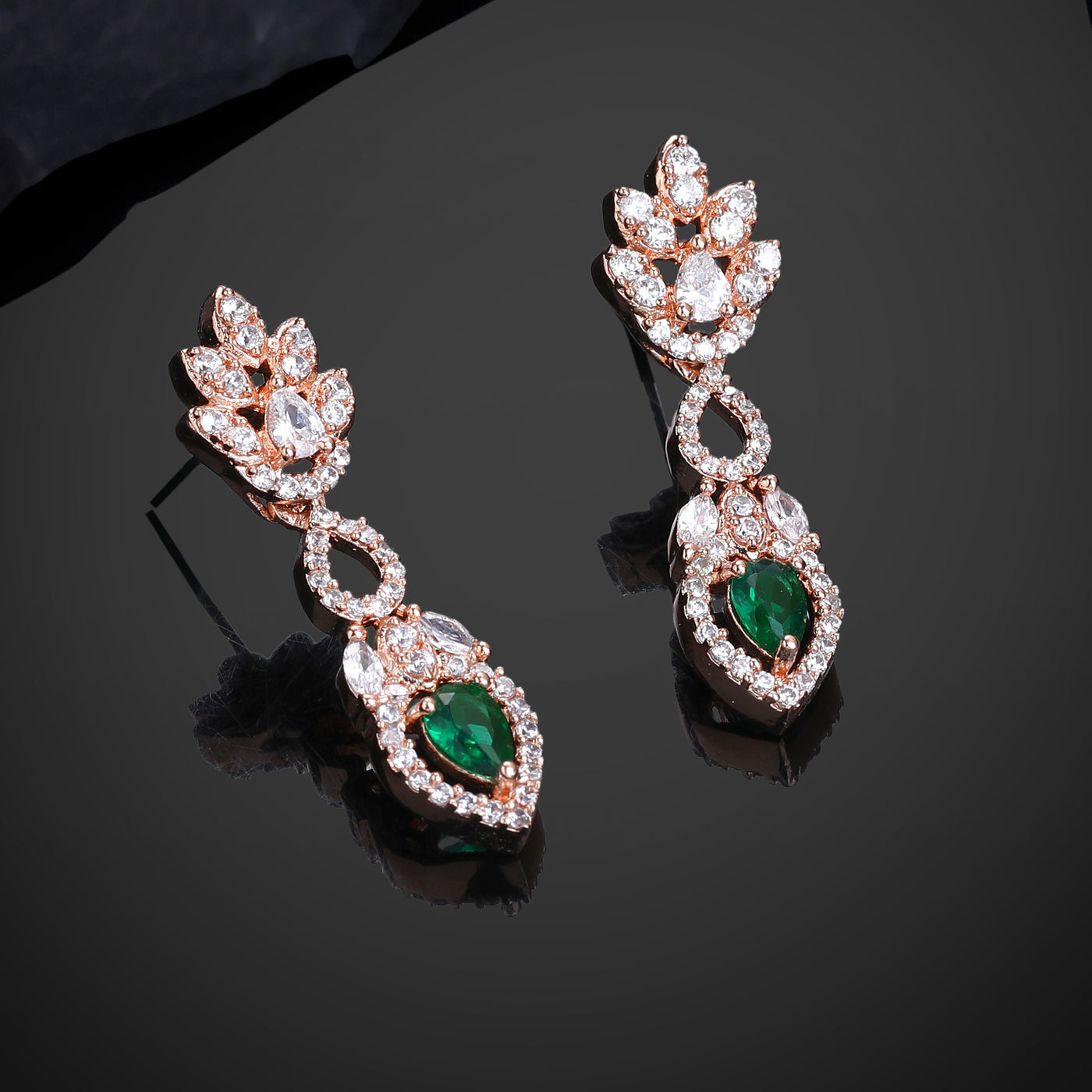 Estele Rose Gold Plated CZ Elegant Drop Earrings with Green Stones for Women