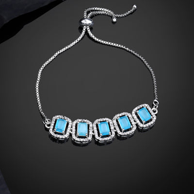 Estele Rhodium Plated CZ Ossum Octagon Bracelet with Mint Blue Stones for Women