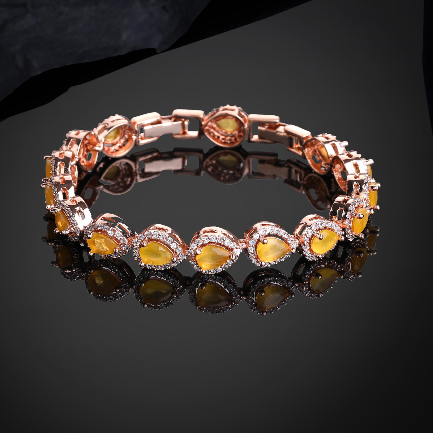 Estele Rose Gold Plated CZ Classic Drop Designer Bracelet with Mint Yellow Stones for Women