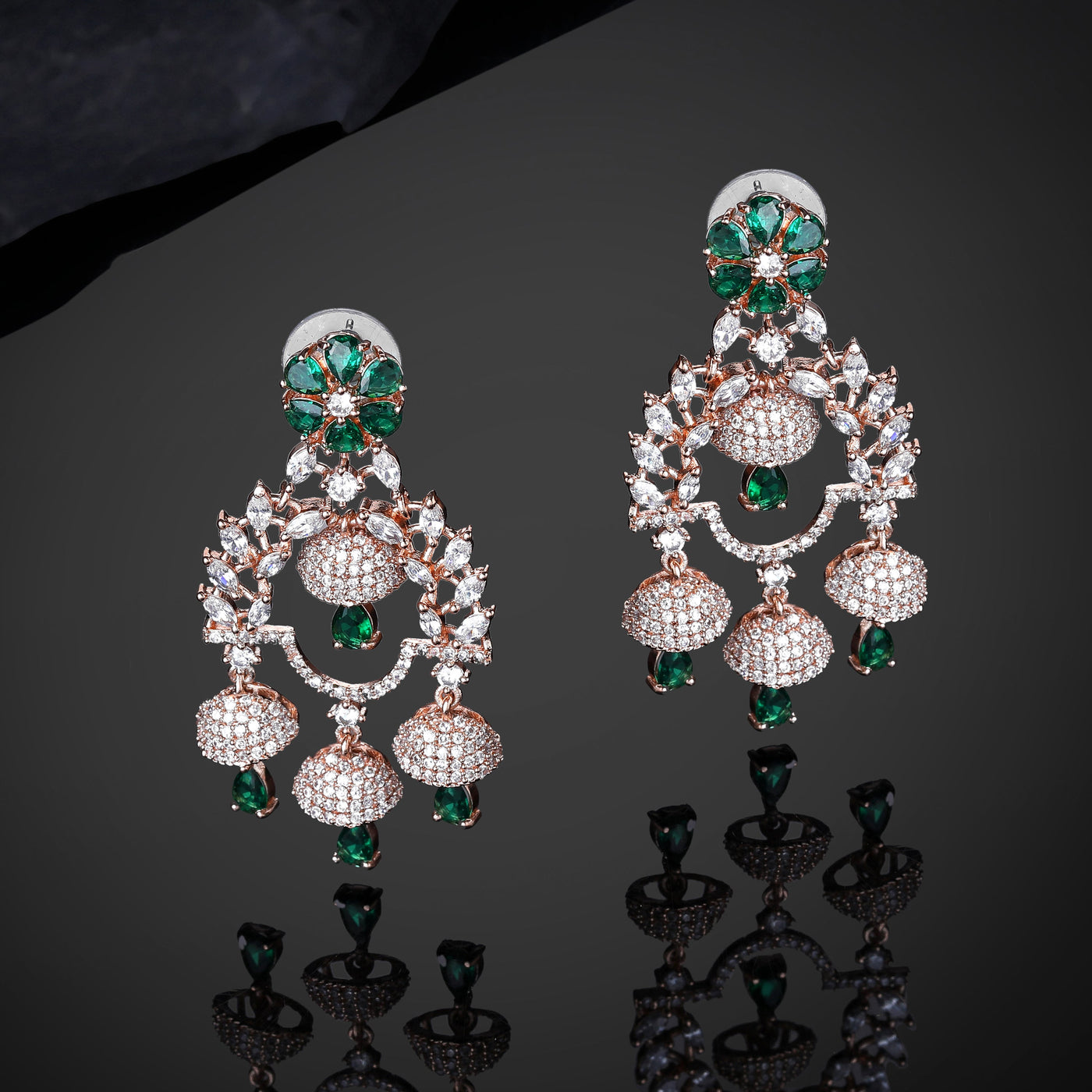 Estele Rose Gold Plated CZ Fascinating Jhumki Earrings with Green Stones for Women