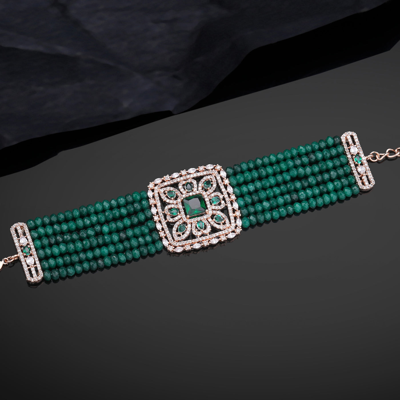 Estele Rose Gold Plated CZ Ravishing Multi-Layered Bracelet With Green Stones For Women