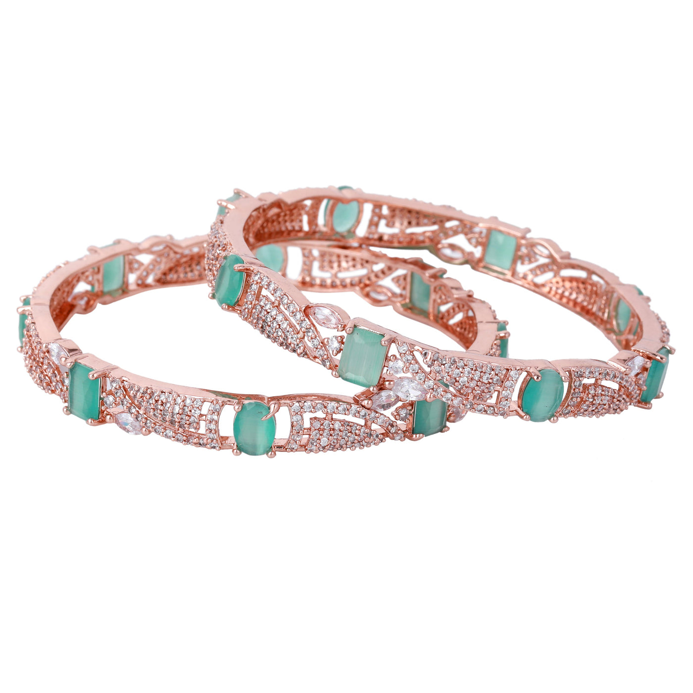 Estele Rose Gold Plated CZ Scintillating Designer Bangles with Mint Green Stones for Women