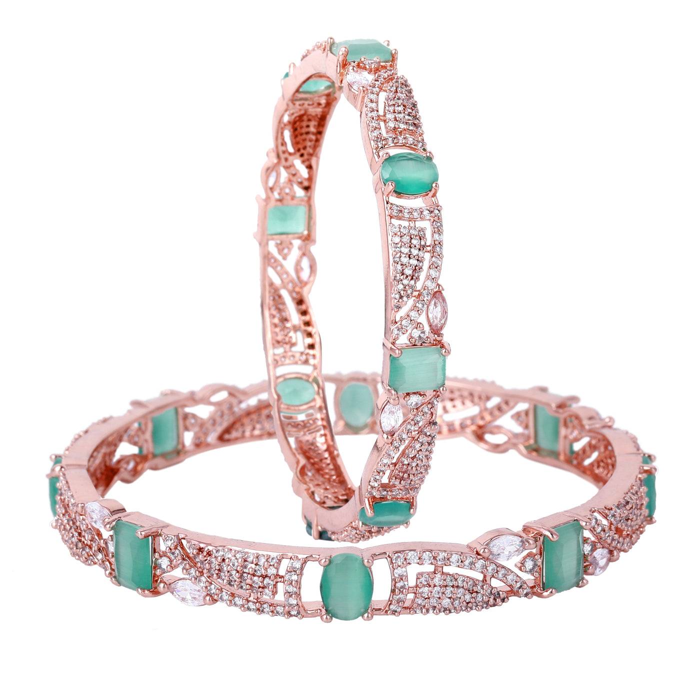 Estele Rose Gold Plated CZ Scintillating Designer Bangles with Mint Green Stones for Women