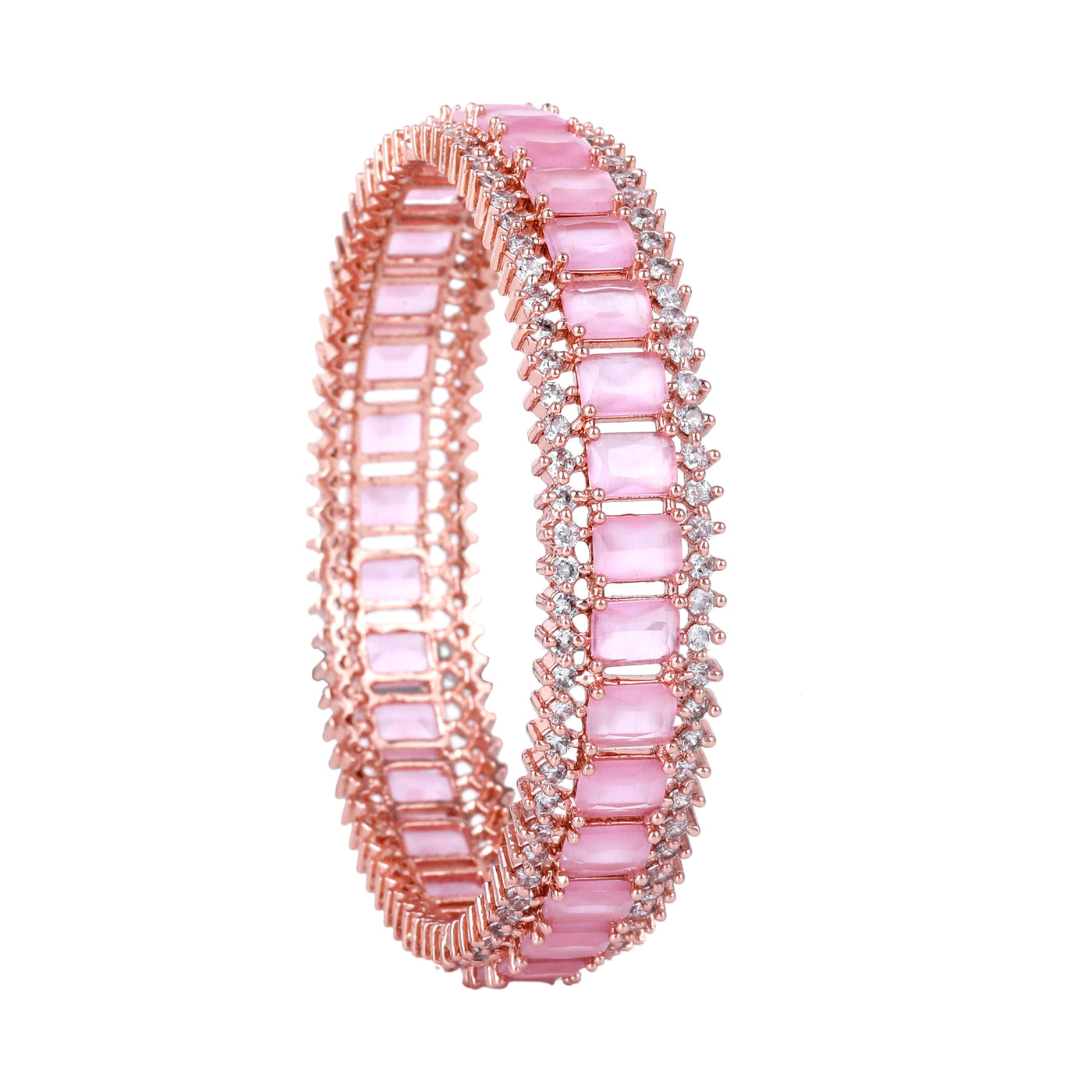 Estele Rose Gold Plated CZ Captivating Designer Bangles with Mint Pink Stones for Women