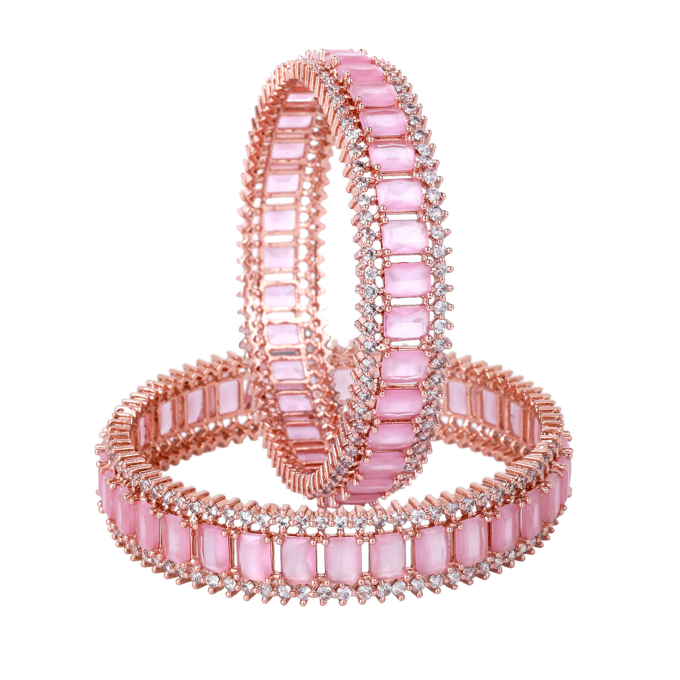 Estele Rose Gold Plated CZ Captivating Designer Bangles with Mint Pink Stones for Women