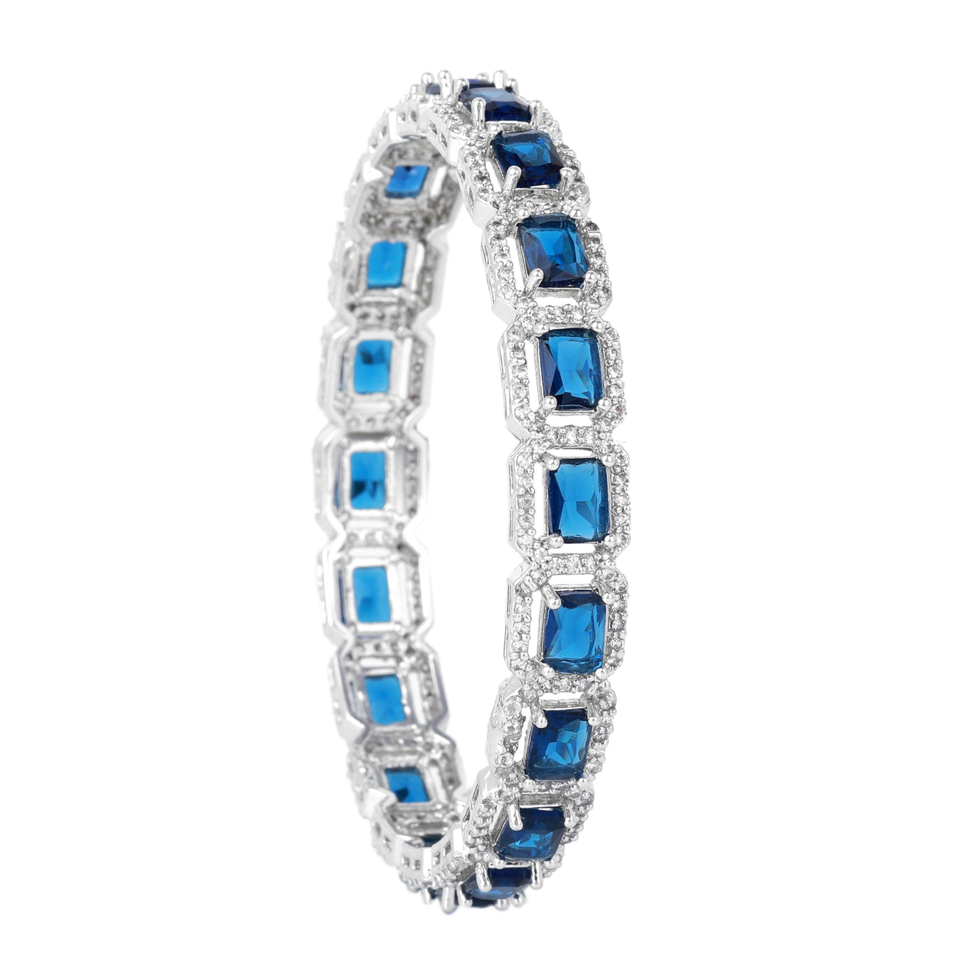 Estele Rhodium Plated CZ Radiant Square Designer Bangles with Blue Stones for Women