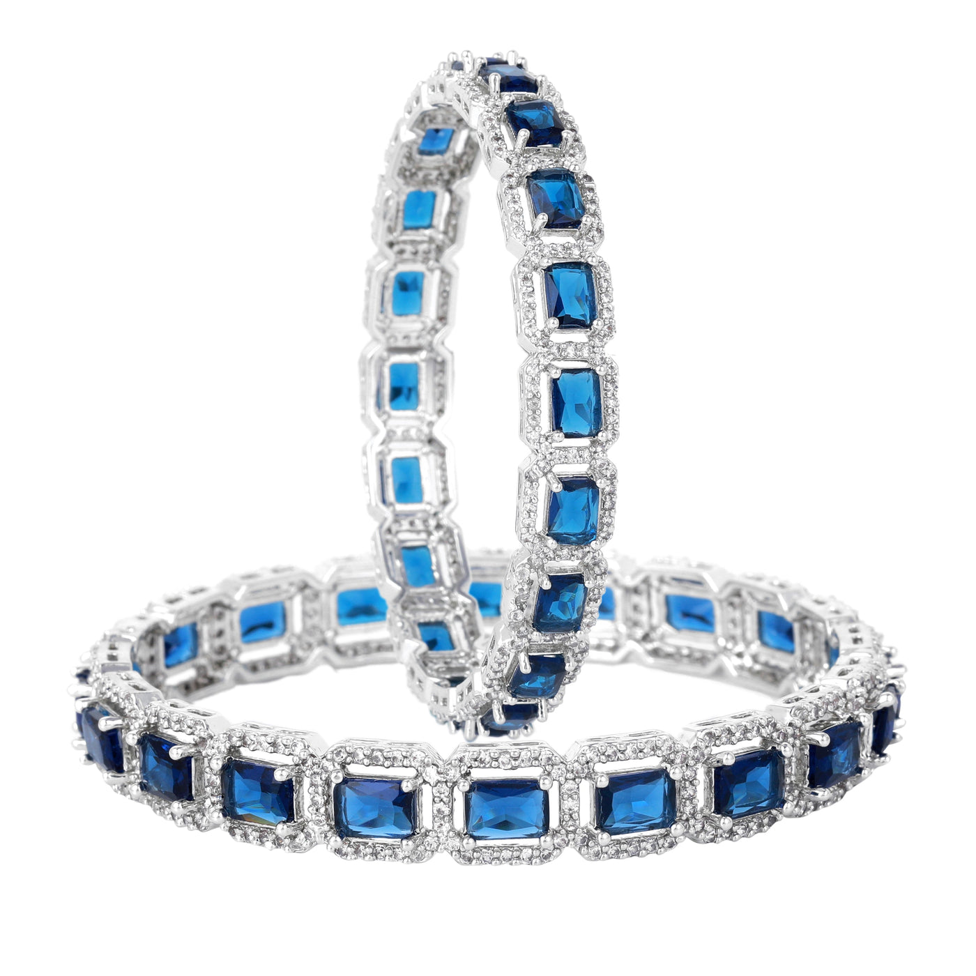 Estele Rhodium Plated CZ Radiant Square Designer Bangles with Blue Stones for Women