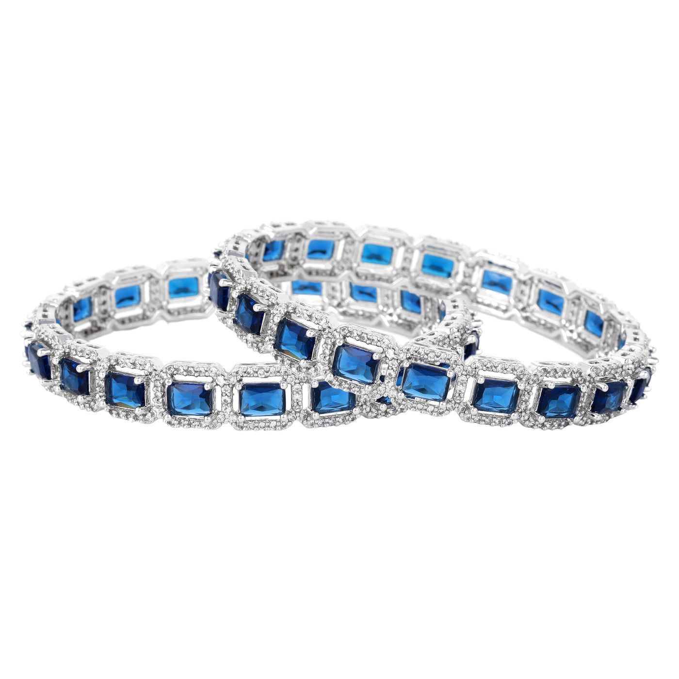 Estele Rhodium Plated CZ Radiant Square Designer Bangles with Blue Stones for Women